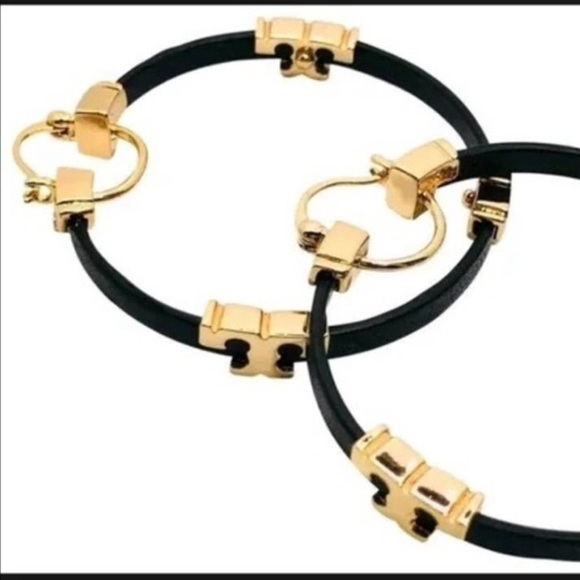 Tory Burch Black leather/ sheriff T hoop earrings - Picture 4 of 6